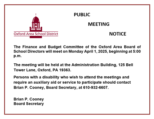 PUBLIC MEETING NOTICE - Finance and Budget Committee